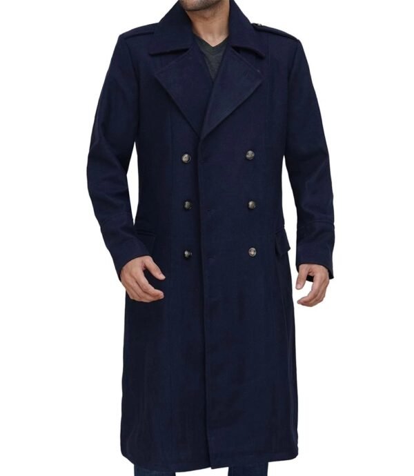 Dark Blue Long Wool Coat for Men