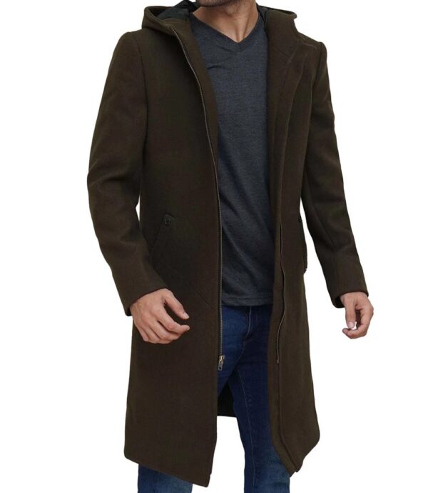 Mens Hooded Long Wool Coat in olive