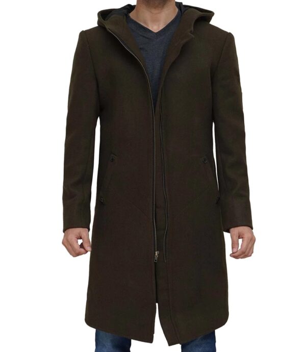 Olive Green Long Wool Coat for Men