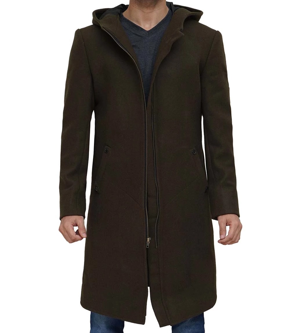 Olive Green Long Wool Coat for Men
