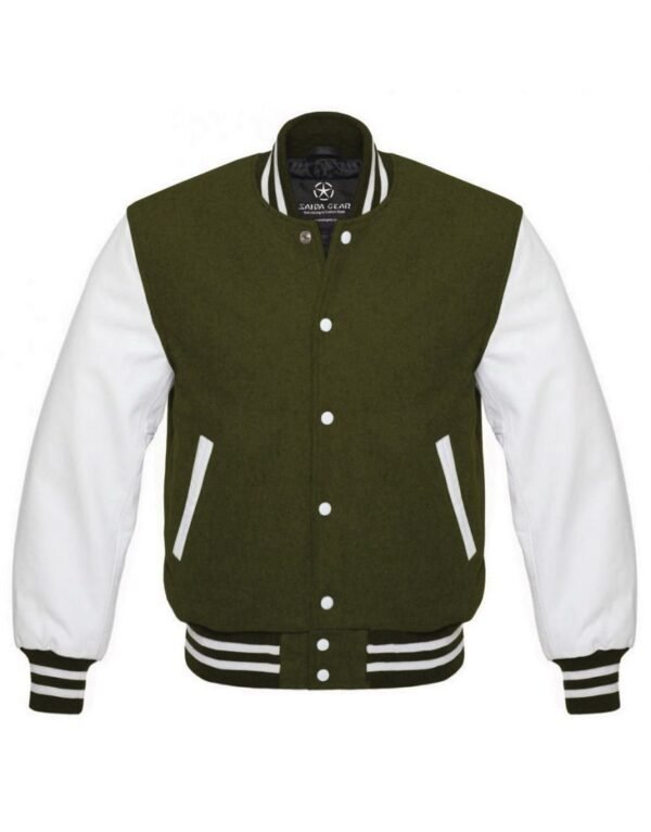 Mens Olive Green And White Varsity Jacket