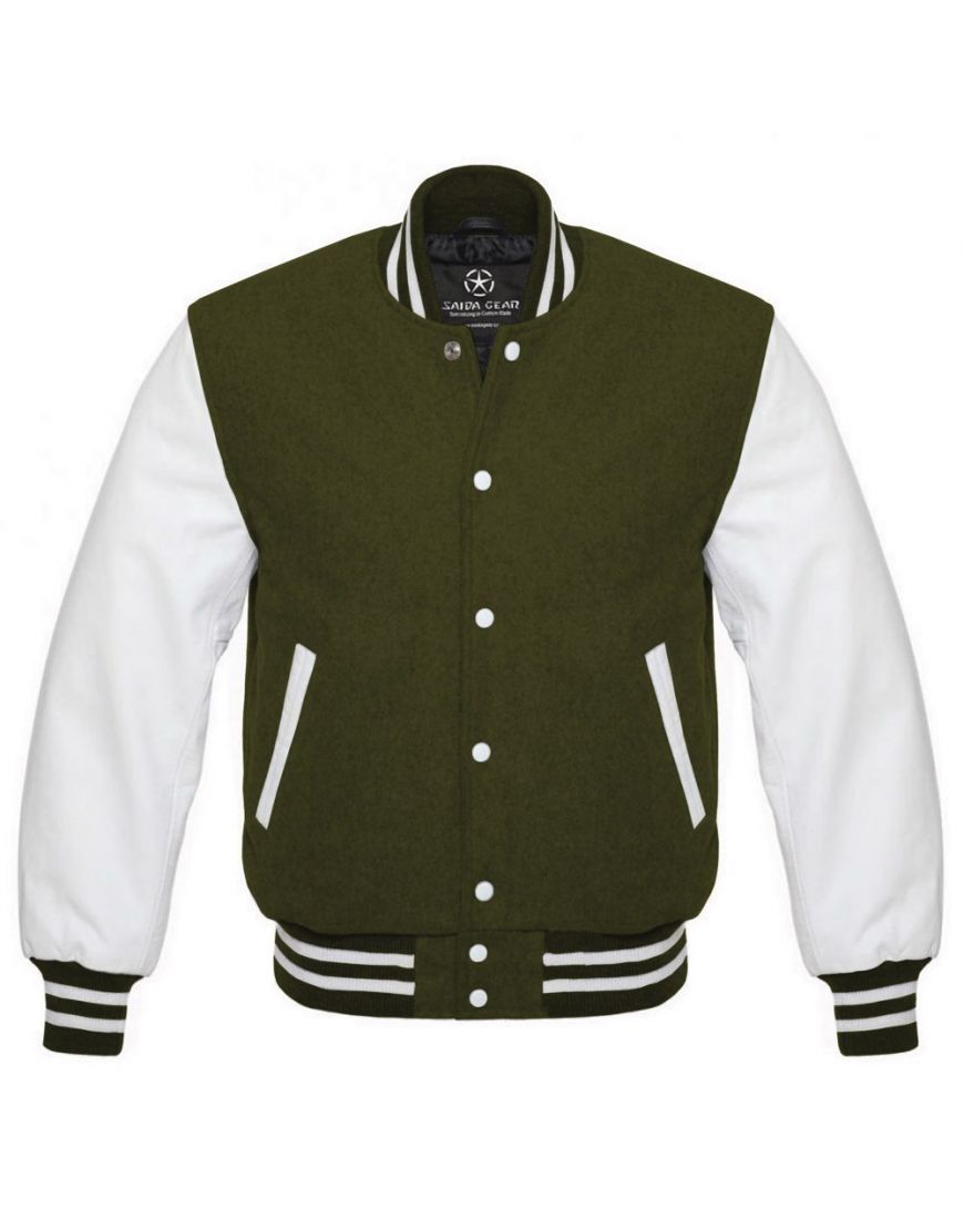 Mens Olive Green And White Varsity Jacket