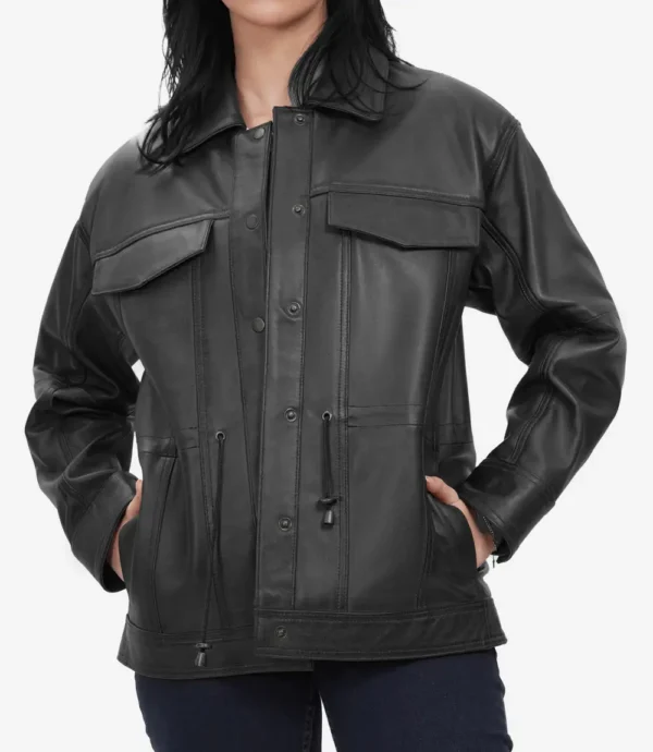 Women's Black Oversized Leather Trucker Jacket