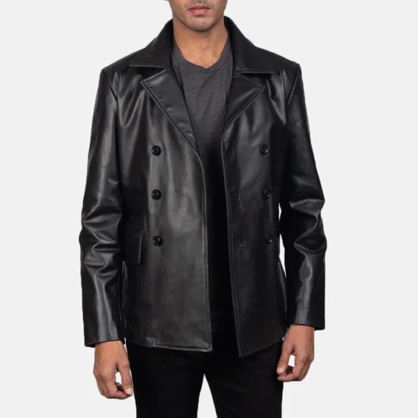 Premium black leather peacoat
