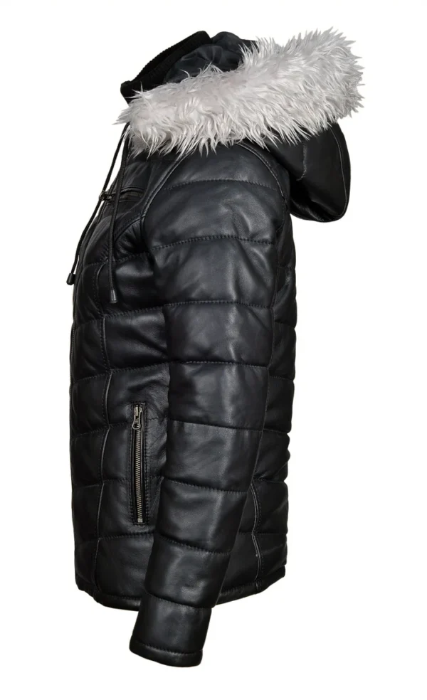 Puffer Leather Jacket with Fur Lined Hoodie