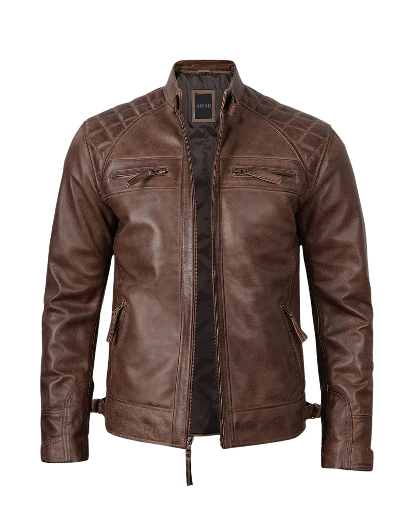 Coffee Brown Biker Leather Jacket With Quilted Shoulder