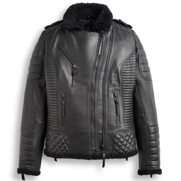 Womens Black Leather Shearling Biker Jacket