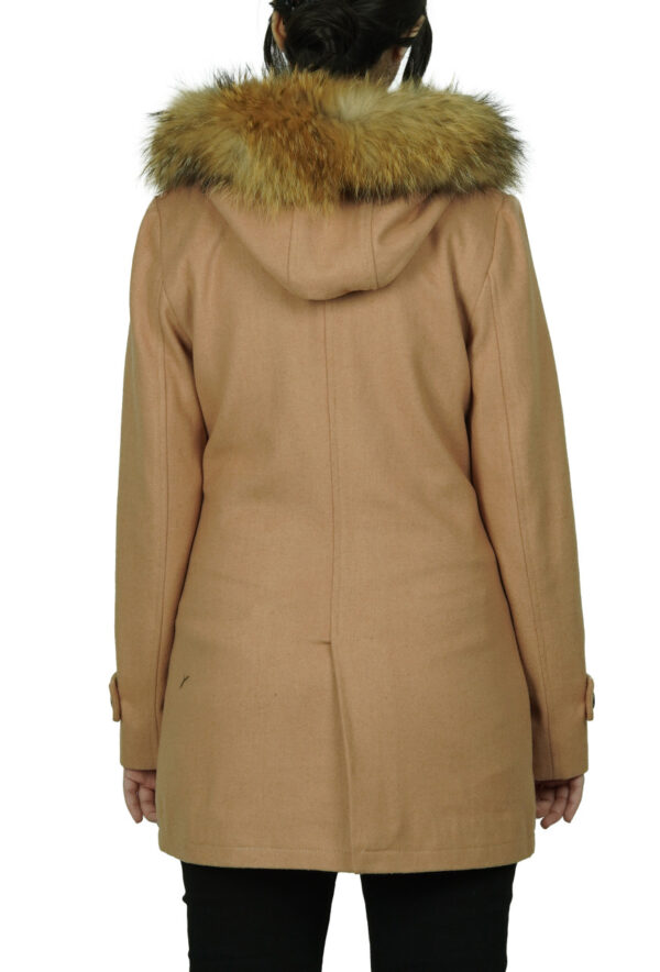 Women's Camel Brown Hooded Shearling Wool Duffle Coat
