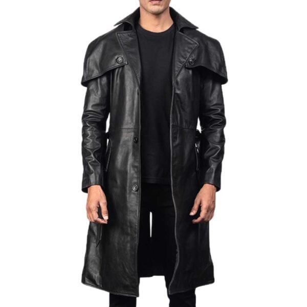Mens Sleek Black Leather Trench Coat