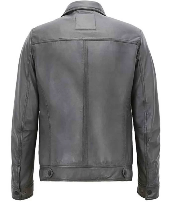 Mens Trucker Slim Fit Grey Leather Jacket