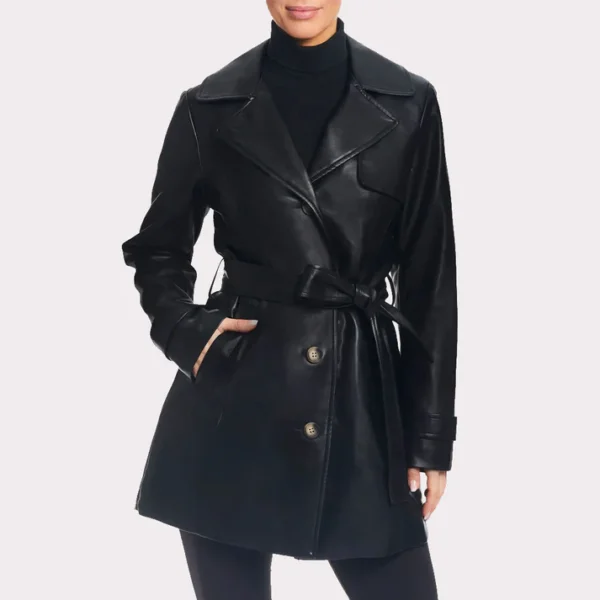 Classic Solid Black Leather Trench Coat For Women