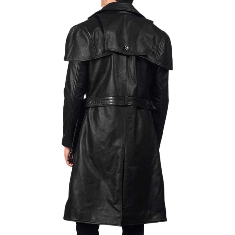 Mens Sleek Black Leather Trench Coat