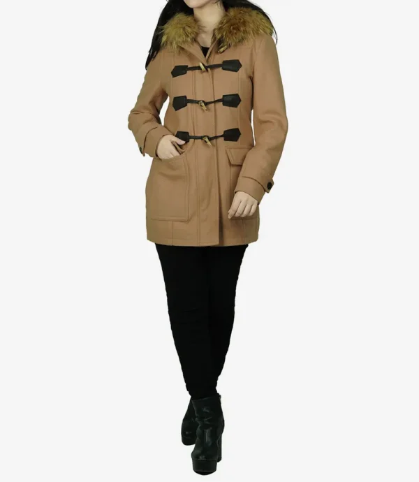 Women's Camel Brown Hooded Shearling Wool Duffle Coat