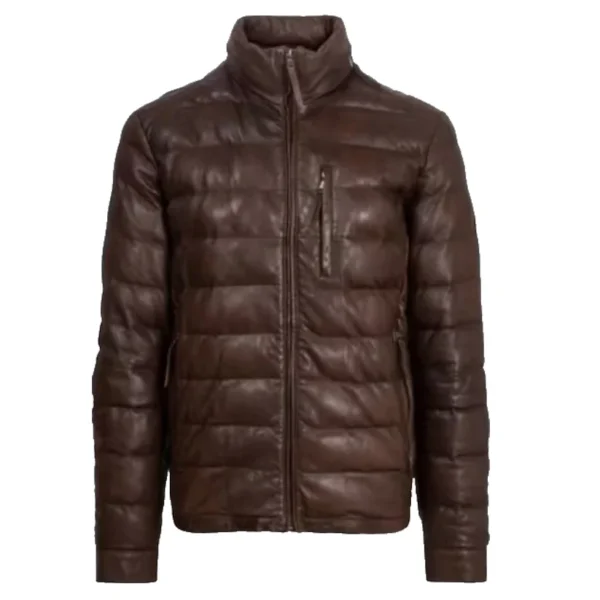 Men's Dark Brown Leather Puffer Jacket
