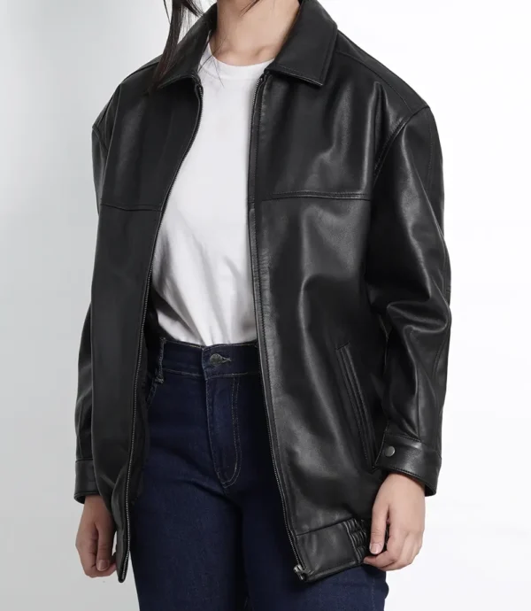 Black Womens Oversized Bomber Leather Jacket