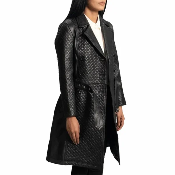Womens Stylish Black Leather Quilted Trench Coat