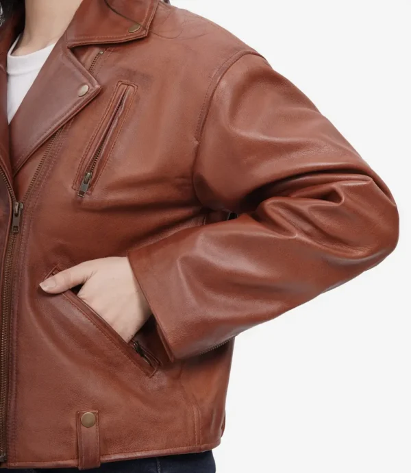Women's Cognac Oversized Moto Leather Jacket