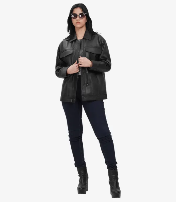 Women's Black Oversized Leather Trucker Jacket