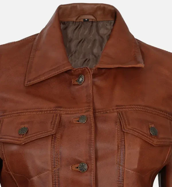 Stylish brown leather trucker jacket