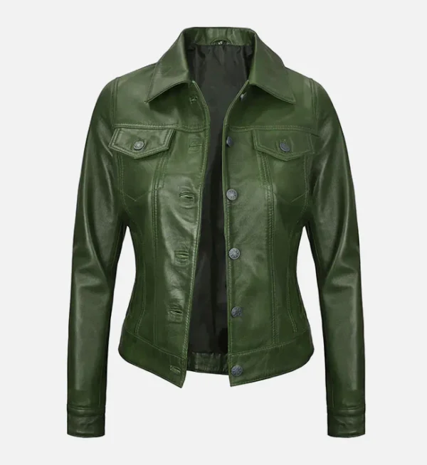 Stylish green leather trucker jacket