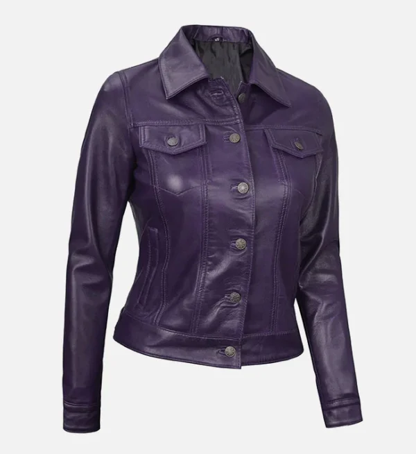 Stylish purple leather trucker jacket