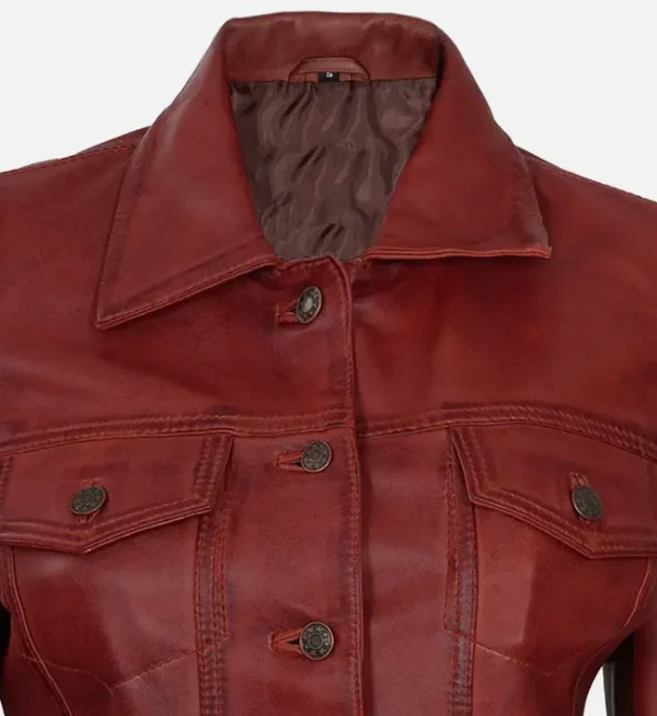 Stylish red leather trucker jacket