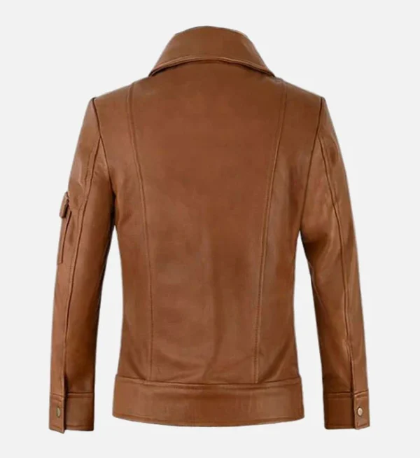 Stylish tan leather trucker jacket