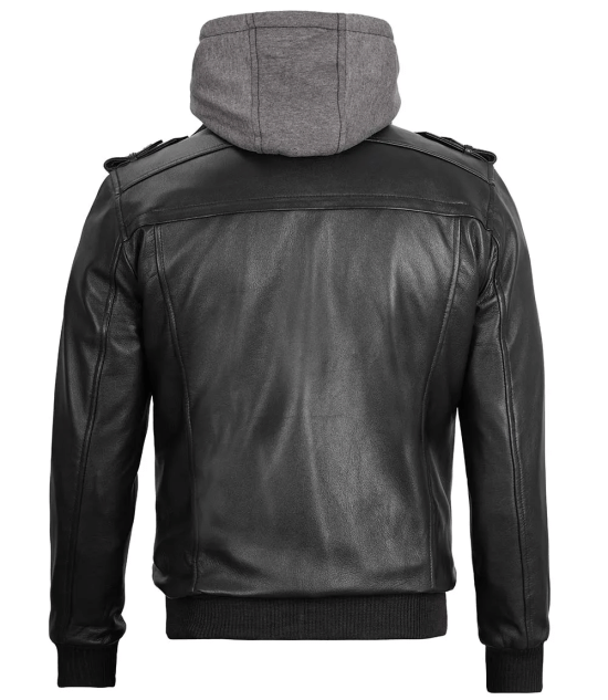 Mens Tall Black Bomber Leather Jacket with Removable Hood