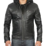 Mens Tall Black Leather Racer Jacket With Removable Hoodie