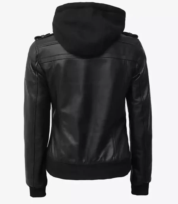 Womens Tall Bomber Black Leather Jacket With Hood