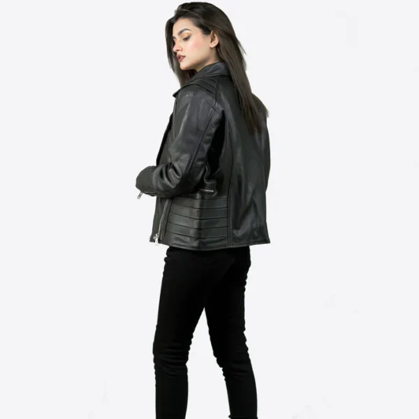 Women Tall Black Leather Biker Jacket With Notch Collar