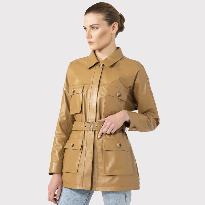 Womens Tan Leather Belted Style Coat