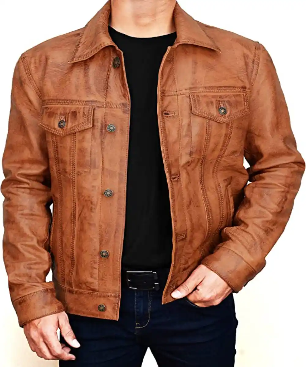 Men Tan Leather Biker Jacket