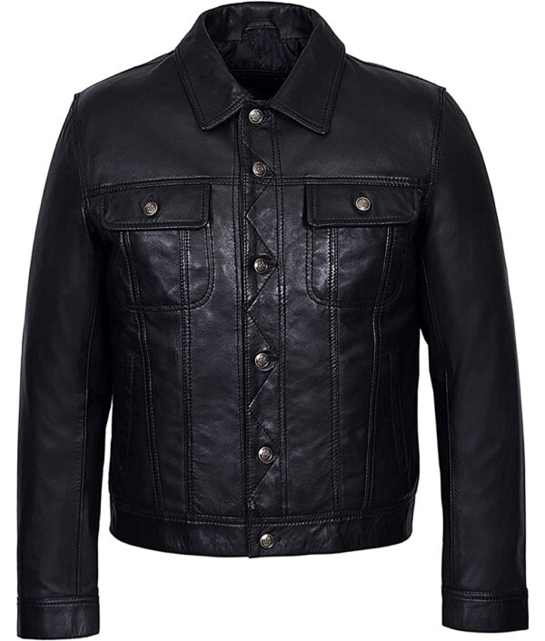 Travis Mens Black Modern Leather Trucker Jacket
