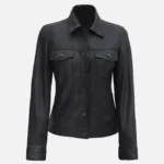 Womens Leather Trucker Jacket in Black