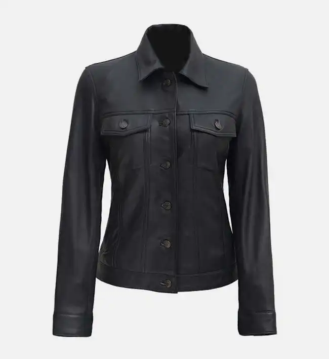Womens Leather Trucker Jacket in Black