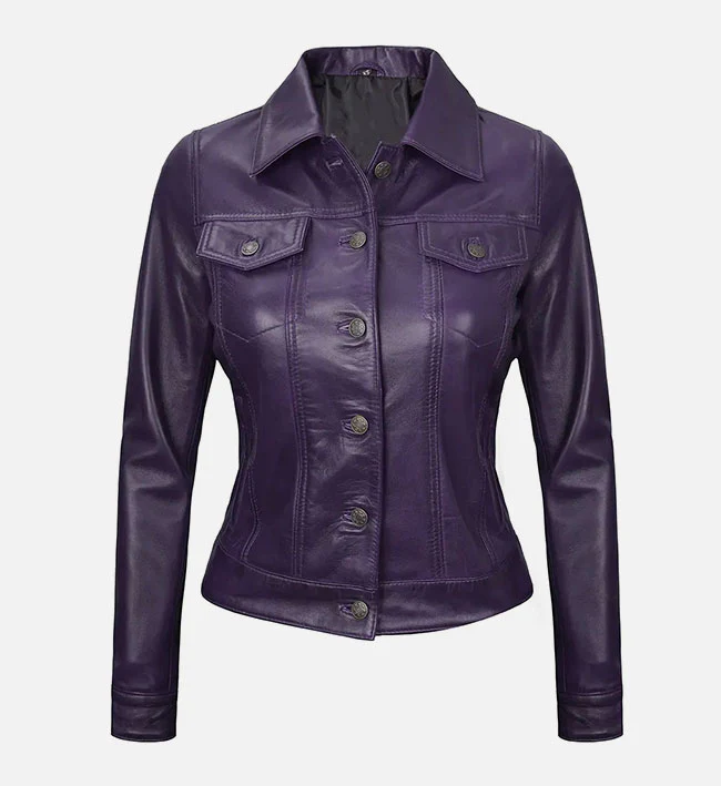 Womens Purple Leather Trucker Jacket