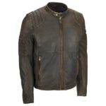 Distressed Brown Leather Cafe Racer Jacket