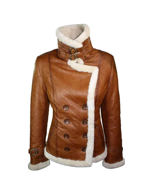 Womens Tan Brown Double Breasted Shearling Jacket