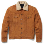 Mens Cognac Sherpa Trucker Suede Jacket