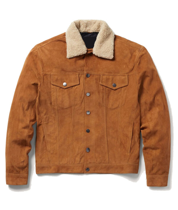 Mens Cognac Sherpa Trucker Suede Jacket