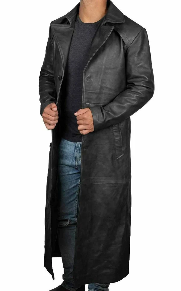 Mens Leather Black Winter Trench Coat