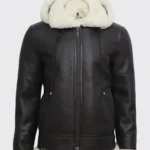 Women B3 Flight Black Aviator Shearling Leather Jacket with Hood