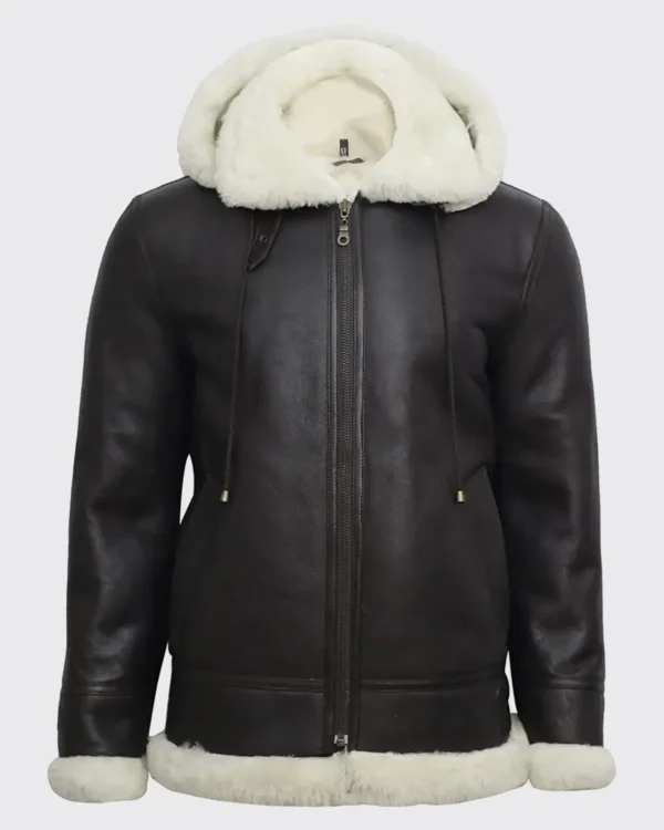 Women B3 Flight Black Aviator Shearling Leather Jacket with Hood