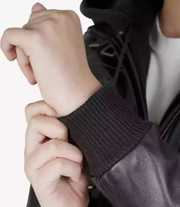 Womens Tall Bomber Black Leather Jacket With Hood