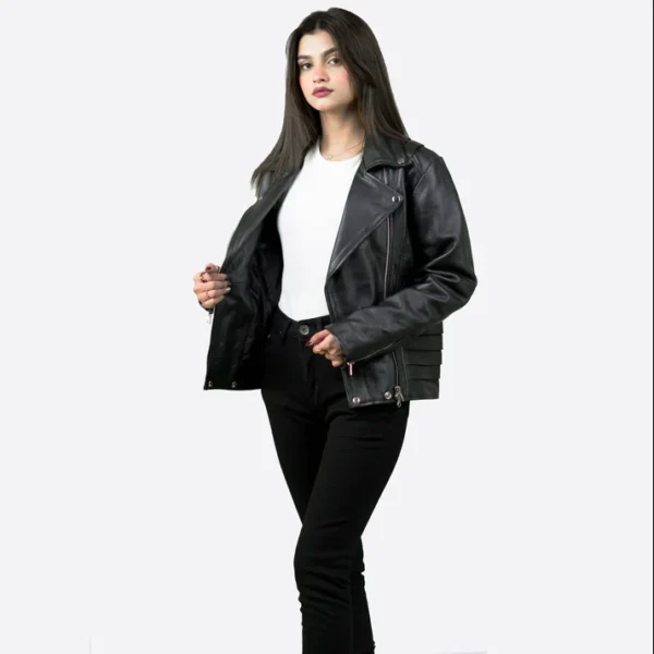 Women Tall Black Leather Biker Jacket With Notch Collar