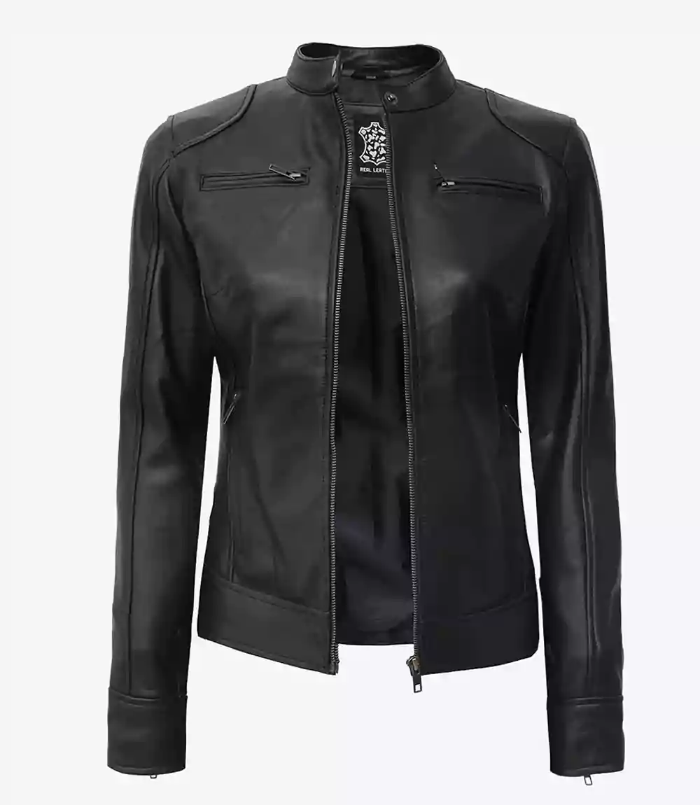 Womens Tall Black Leather Biker Jacket