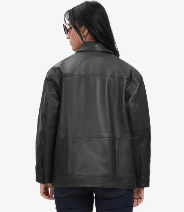 Women's Black Oversized Leather Trucker Jacket