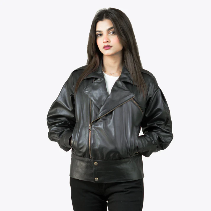 Womens Black Tall Biker Leather Jacket With Notch Collar