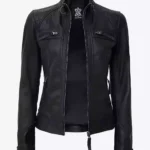 Women Tall Black Quilted Cafe Racer Leather Jacket